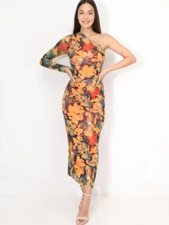 La Modeuse Robe asymétrique froncée à motif fleurs Orange
