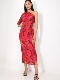 Clearance La Modeuse Robe asymétrique froncée à motif fleurs Fuchsia