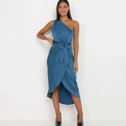 Sale La Modeuse Robe asymétrique satinée Bleu
