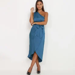Sale La Modeuse Robe asymétrique satinée Bleu