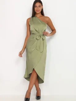 Online La Modeuse Robe asymétrique satinée VertOlive