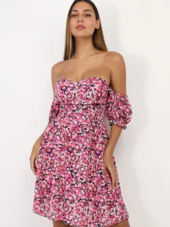 Best La Modeuse Robe bardot à fleurs et manches ballon