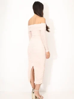 Sale La Modeuse Robe bardot en tulle froncé Taupe