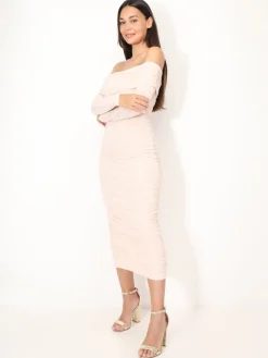 Sale La Modeuse Robe bardot en tulle froncé Taupe