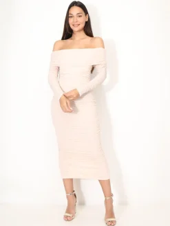 Sale La Modeuse Robe bardot en tulle froncé Taupe