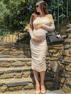Sale La Modeuse Robe bardot en tulle froncé Taupe