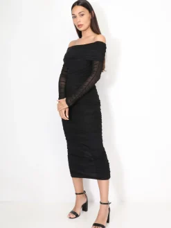Discount La Modeuse Robe bardot en tulle froncé Noir
