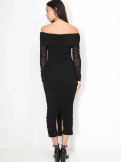 Discount La Modeuse Robe bardot en tulle froncé Noir