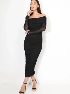 Discount La Modeuse Robe bardot en tulle froncé Noir