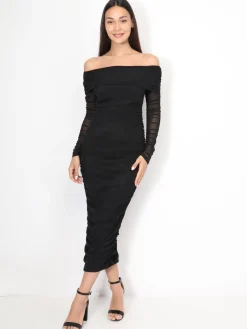 Discount La Modeuse Robe bardot en tulle froncé Noir
