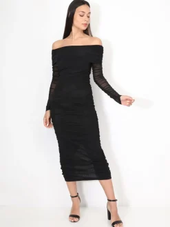 Discount La Modeuse Robe bardot en tulle froncé Noir