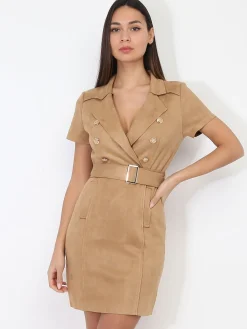 Online La Modeuse Robe blazer ceinturée en suédine Camel