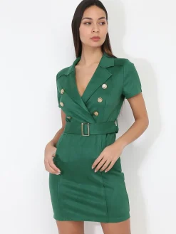 Discount La Modeuse Robe blazer ceinturée en suédine Vert