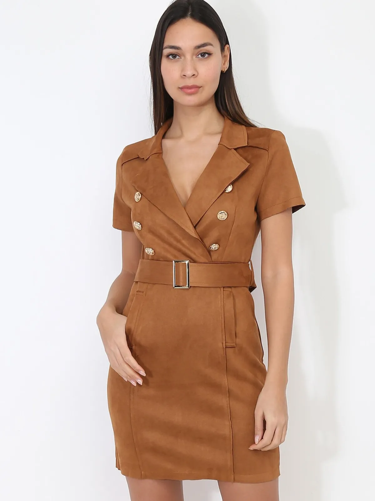 Outlet La Modeuse Robe blazer ceinturée en suédine Camelfoncé