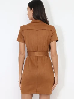 Outlet La Modeuse Robe blazer ceinturée en suédine Camelfoncé