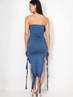 Online La Modeuse Robe bustier à fronces et volants Bleufoncé