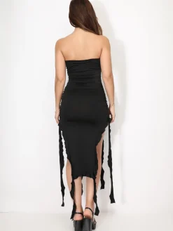 Discount La Modeuse Robe bustier à fronces et volants Noir
