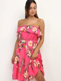 La Modeuse Robe bustier à volants et imprimé fleuri Fuchsia