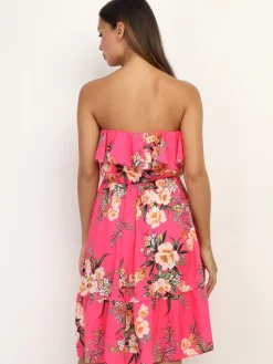 La Modeuse Robe bustier à volants et imprimé fleuri Fuchsia