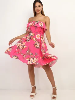 La Modeuse Robe bustier à volants et imprimé fleuri Fuchsia