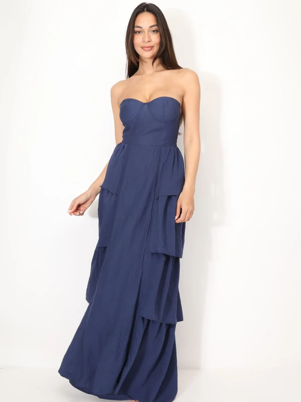 New La Modeuse Robe bustier longue à volants BleuMarine