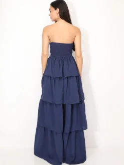 New La Modeuse Robe bustier longue à volants BleuMarine