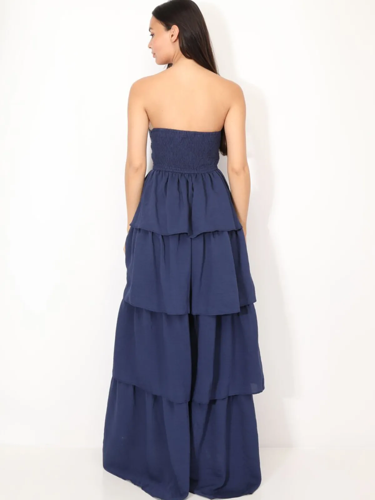 New La Modeuse Robe bustier longue à volants BleuMarine
