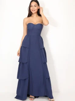 New La Modeuse Robe bustier longue à volants BleuMarine