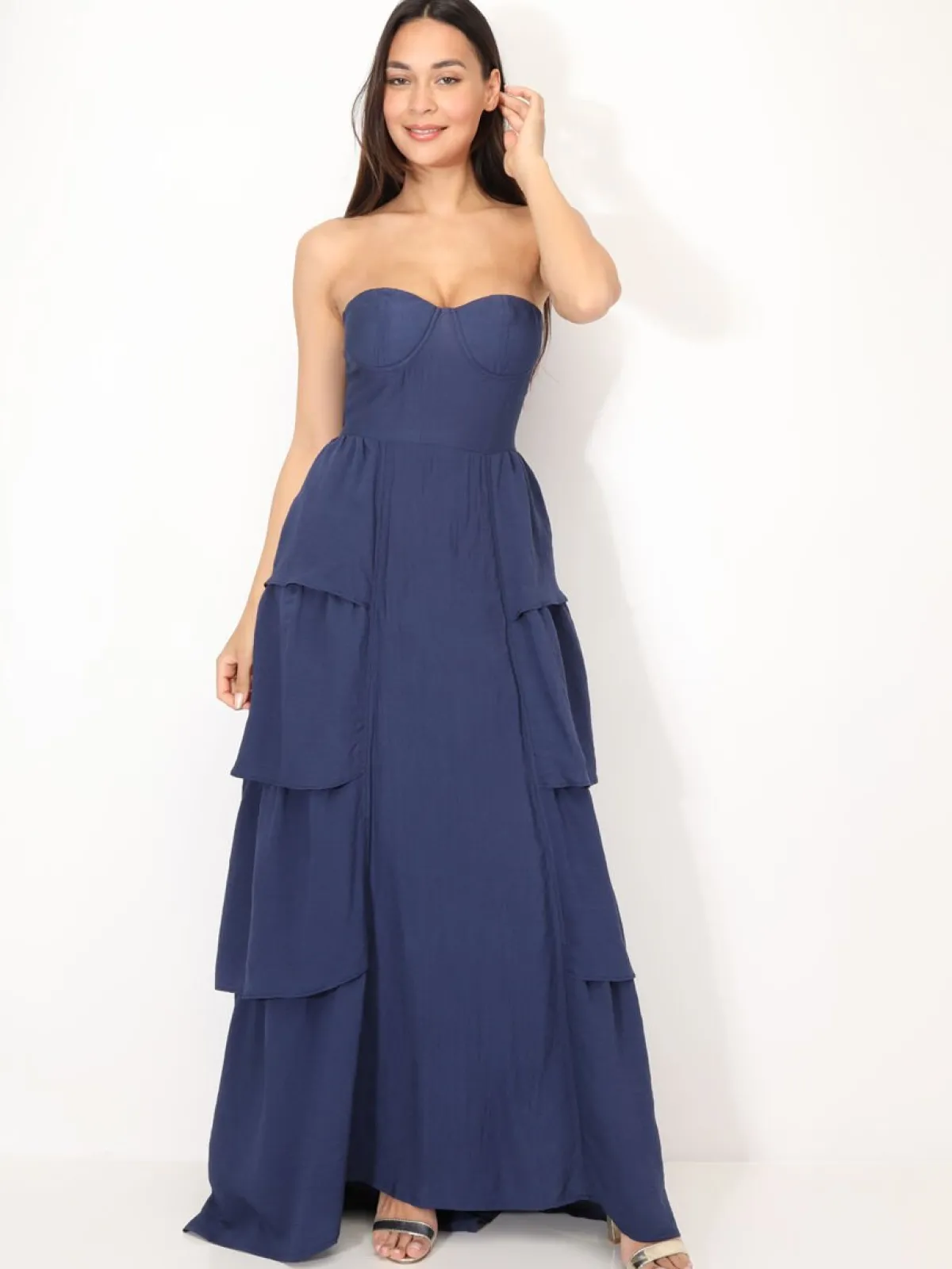 New La Modeuse Robe bustier longue à volants BleuMarine