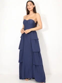 New La Modeuse Robe bustier longue à volants BleuMarine