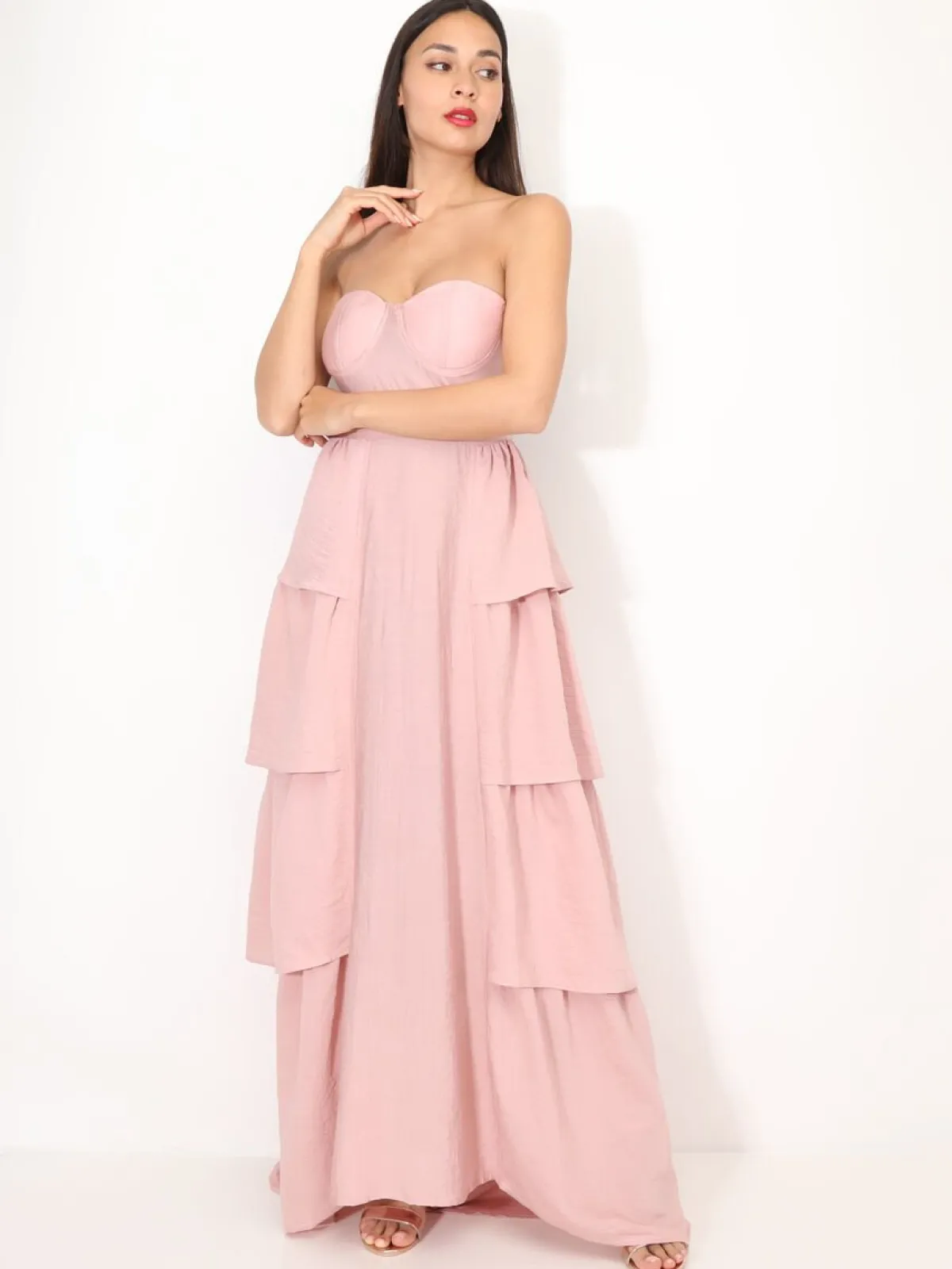 Clearance La Modeuse Robe bustier longue à volants Rose