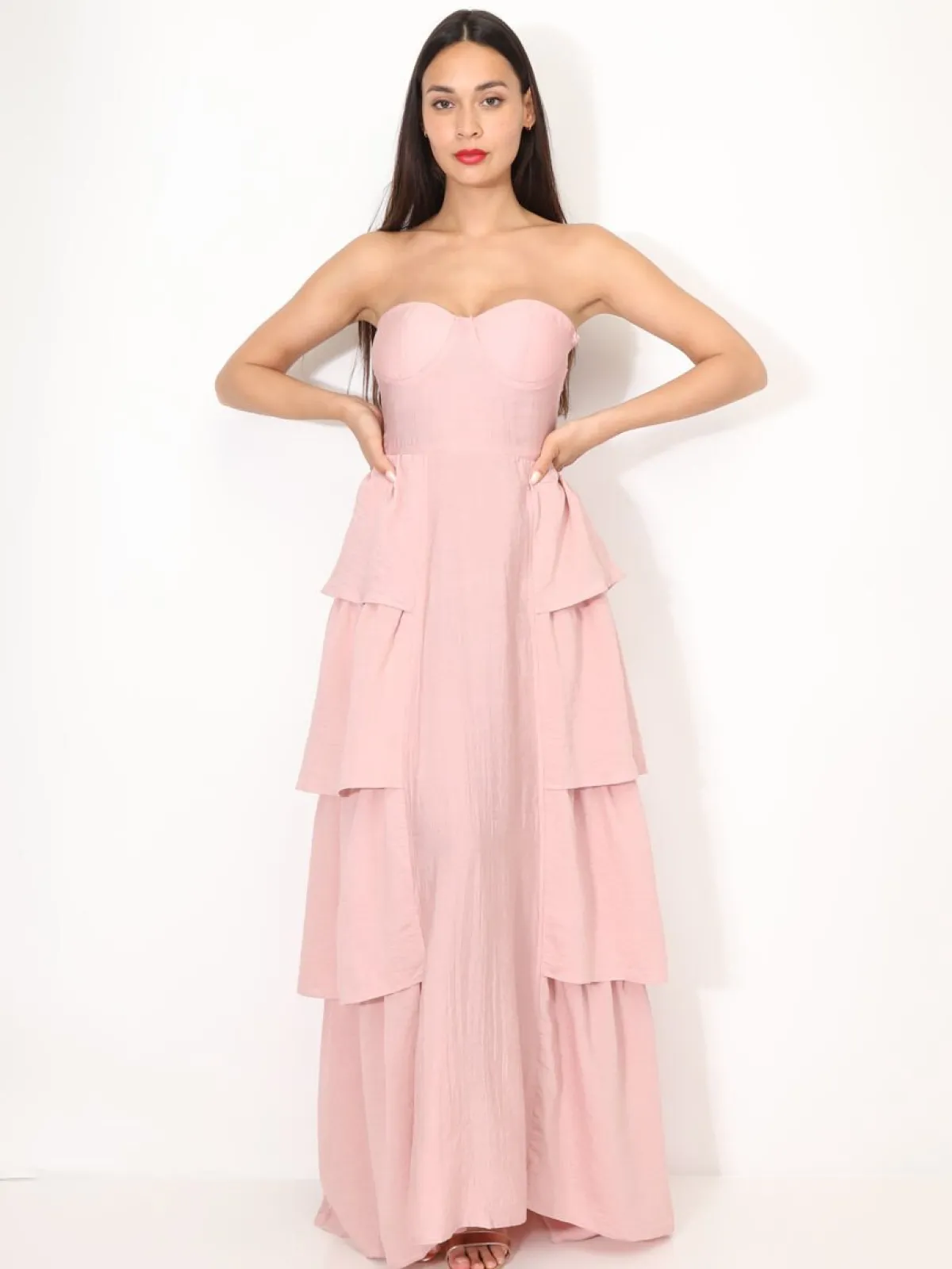 Clearance La Modeuse Robe bustier longue à volants Rose