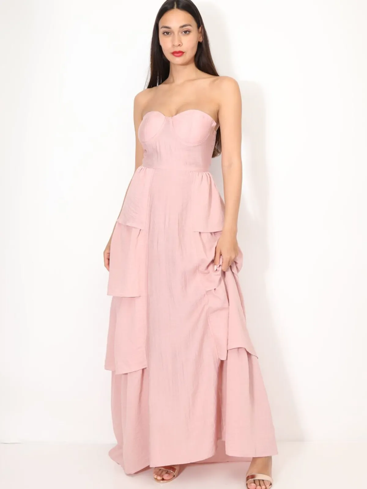 Clearance La Modeuse Robe bustier longue à volants Rose