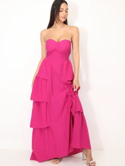 New La Modeuse Robe bustier longue à volants Fuchsia
