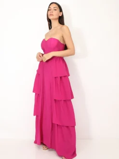 New La Modeuse Robe bustier longue à volants Fuchsia