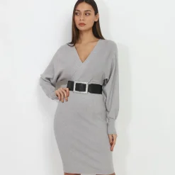 Outlet La Modeuse Robe cache coeur ceinturée à strass Gris