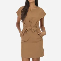 Clearance La Modeuse Robe ceinturée à nouer et col fendu Camel