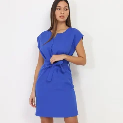 Hot La Modeuse Robe ceinturée à nouer et col fendu Bleu