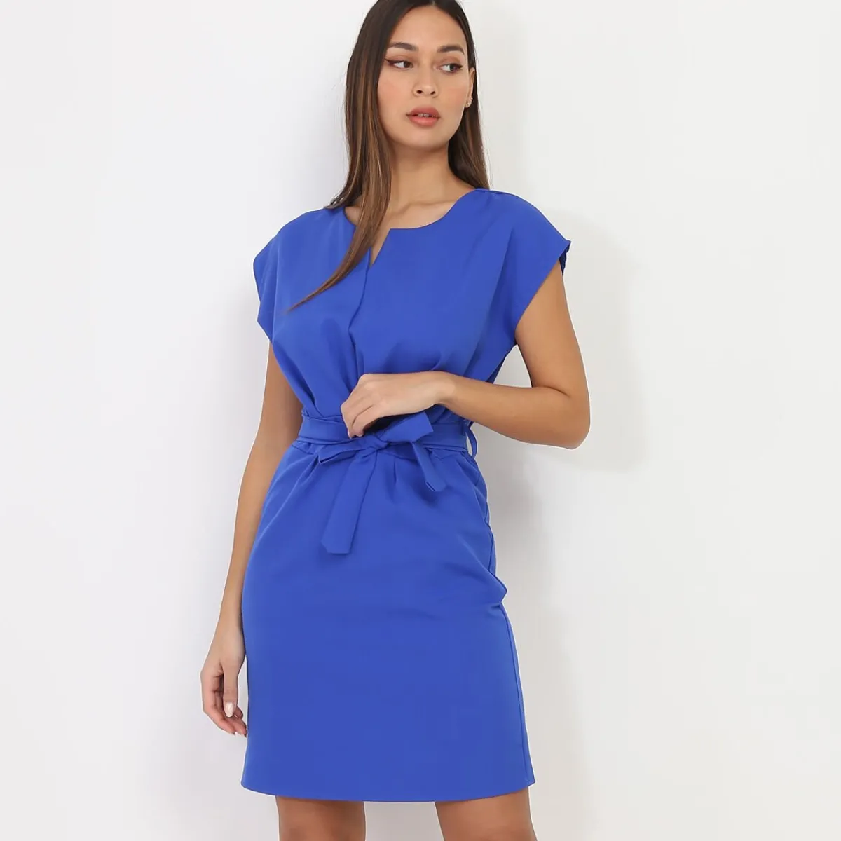 Hot La Modeuse Robe ceinturée à nouer et col fendu Bleu