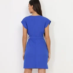 Hot La Modeuse Robe ceinturée à nouer et col fendu Bleu