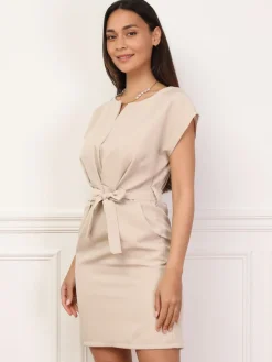 Best La Modeuse Robe ceinturée à nouer et col fendu Beige