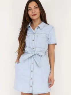 Discount La Modeuse Robe ceinturée en denim BleuClair