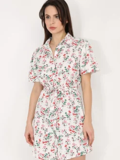 Outlet La Modeuse Robe chemise à fleurs ceinturée Blanc