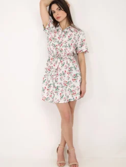Outlet La Modeuse Robe chemise à fleurs ceinturée Blanc