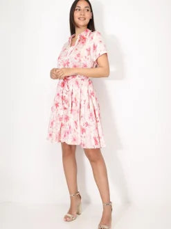 La Modeuse Robe chemise à fleurs et éclats dorés Rose
