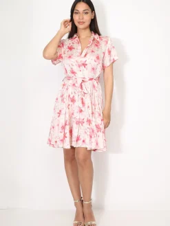 La Modeuse Robe chemise à fleurs et éclats dorés Rose