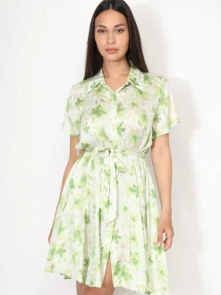Hot La Modeuse Robe chemise à fleurs et éclats dorés Vert