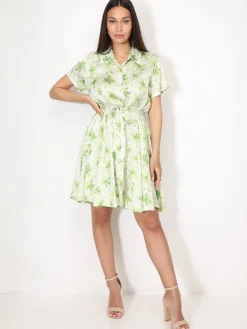 Hot La Modeuse Robe chemise à fleurs et éclats dorés Vert