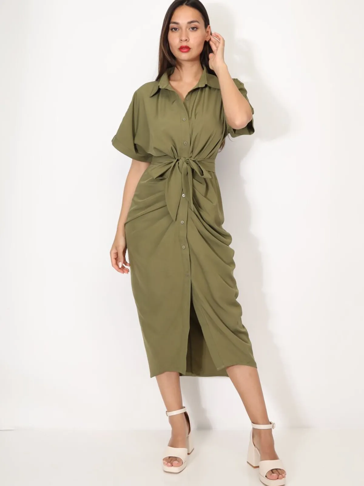 Clearance La Modeuse Robe chemise à manches kimono Kaki