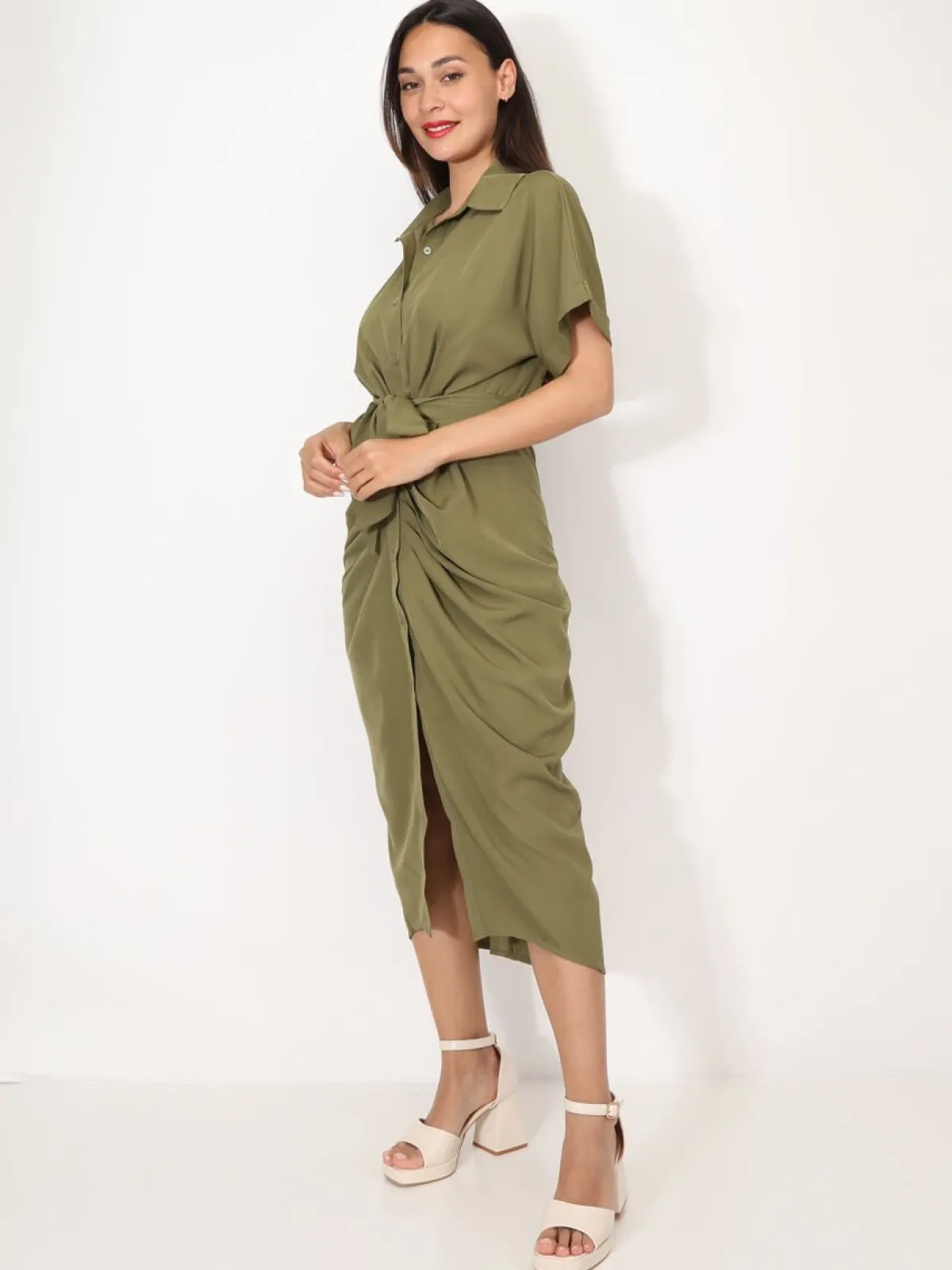 Clearance La Modeuse Robe chemise à manches kimono Kaki